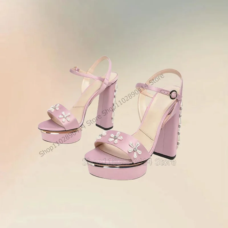 Pearl Flower Decor Pink Open Toe Platform Sandals Ankle Buckle Strap Women Shoes Chunky High Heels New 2023 Zapatos Para Mujere