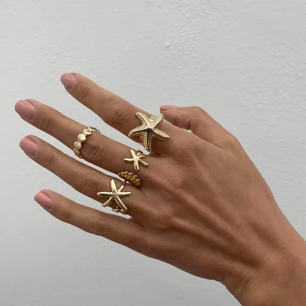 Vintage Goldfarben Zirkon Herz Schmetterling Hohlketten-Ringset Boho Simulierte Perlen Geometrische Ringe für Damen Schmuck – Detail 13