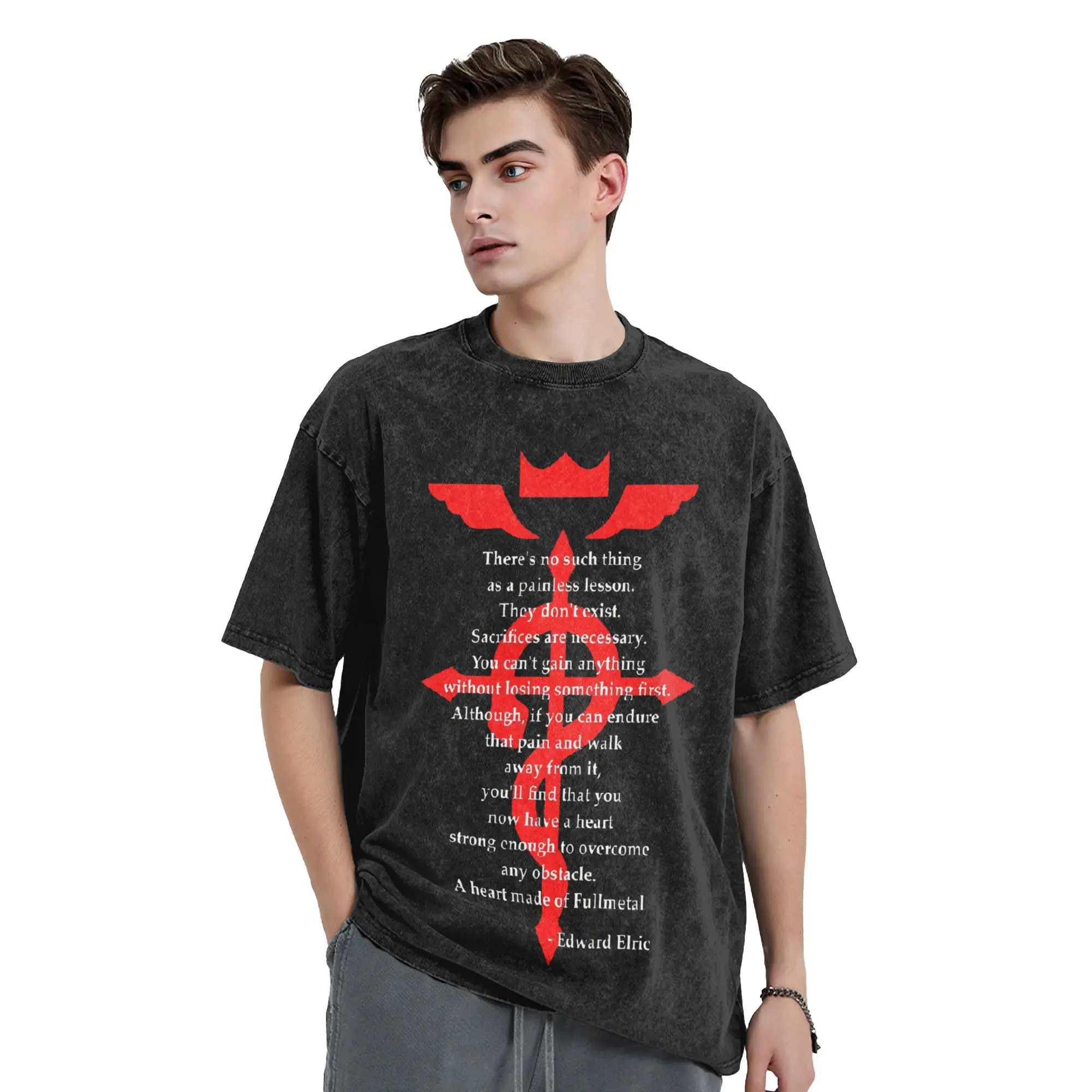Fullmetal Heart  Washed T Shirts Streetwear T-Shirt Fullmetal Alchemist Tees Men Women Short Sleeve Oversize Graphic Printed