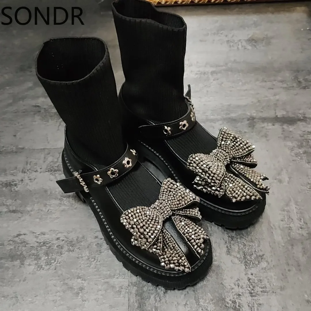 Womens Socks Rhinestones Big Bowknot Ankle Boots Belt Buckle Chunky Heel Shoes Stretchy Black X-mas Gift DIY Girls