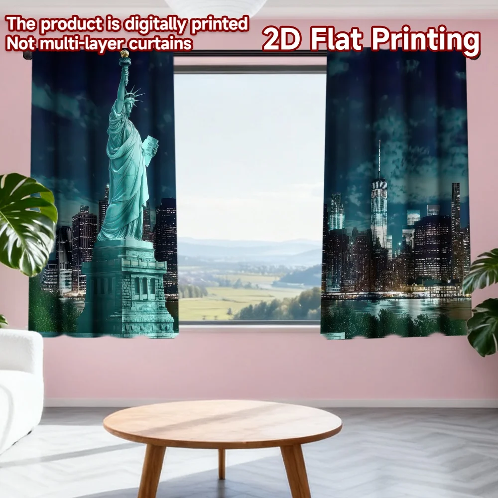 

2D flat printing 2pcs Curtain Independence Day New York Skyline Digital Printed Polyester Drapes Festive Curtains Use for Yard &