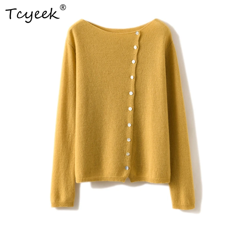 

Tcyeek,100% Cashmere Cardigan,Women's Small Fragrant Style Round Neck with Irregular Diagonal Buckle,Autumn/winter T48928KS