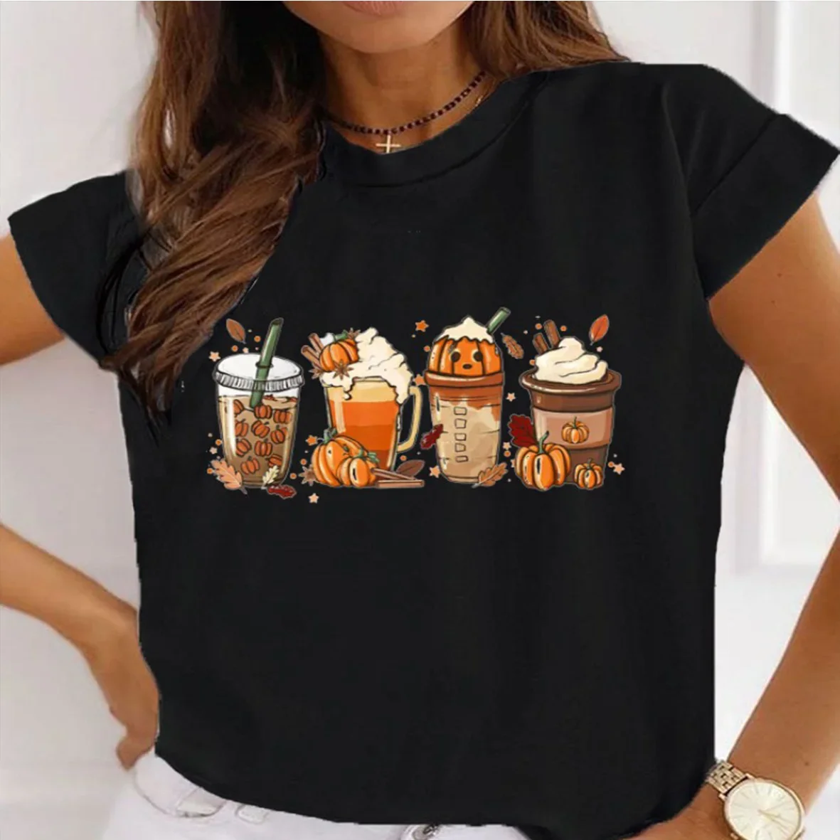 Women's Halloween Pumpkin Coffee, Latte Drink Cup, Spice T-shirt, Daily Girl Y2K Harajuku Tee Tops, Female Sweatshirt Clothes