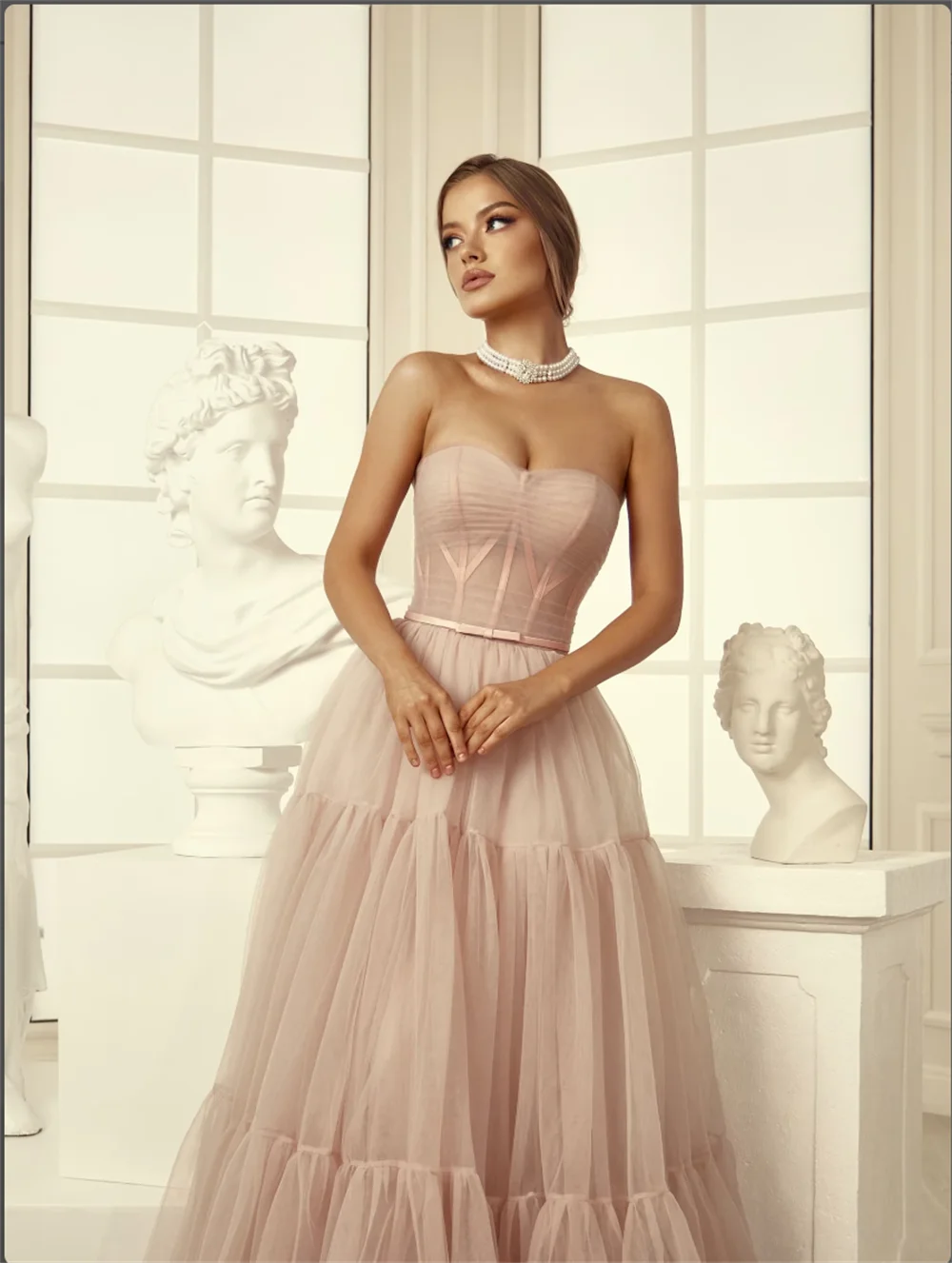 Annie Light Pink Prom Dresses Tulle A-line Evening Dress Corset Strapless Side Slit 2024 Formal Occasions Graduate Party Dresses