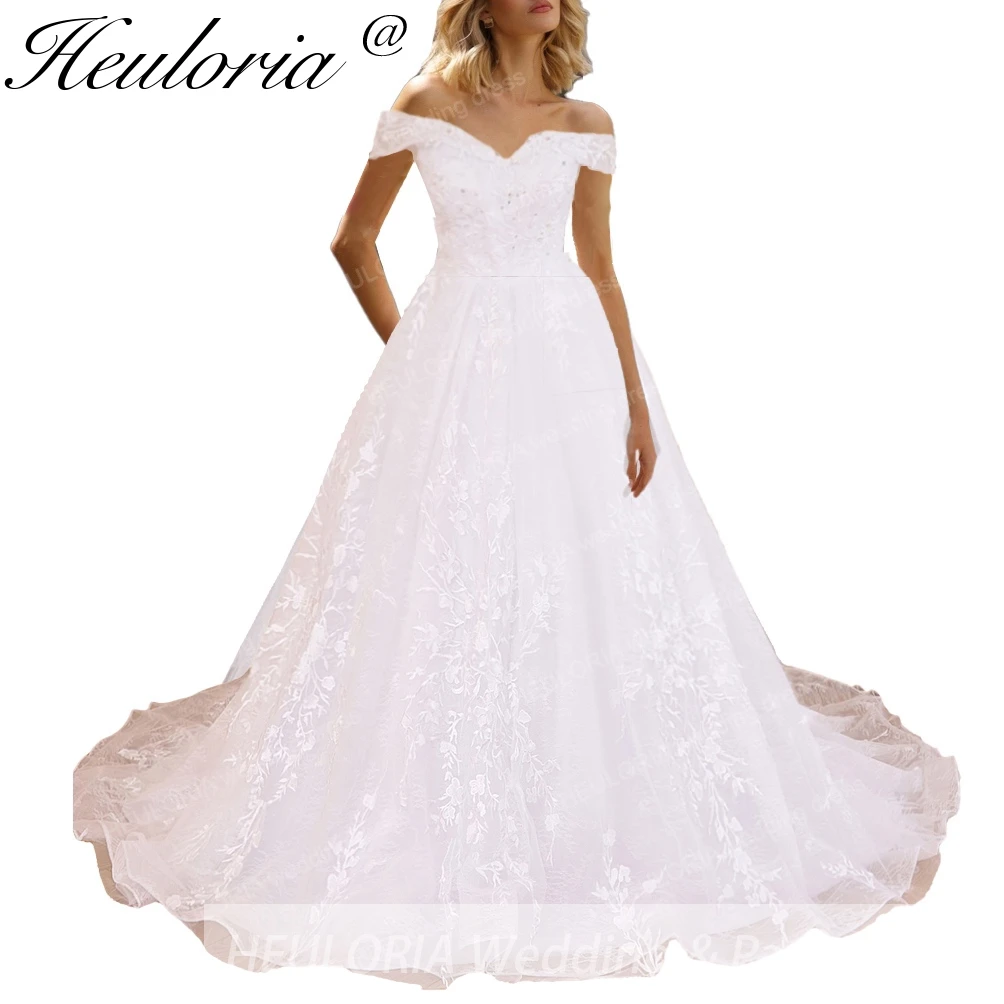 

HEULORIA Princess Ball Gown Wedding Dress off shoulder bride dress lace up plus size robe de mariee Lace beading Bridal Gown