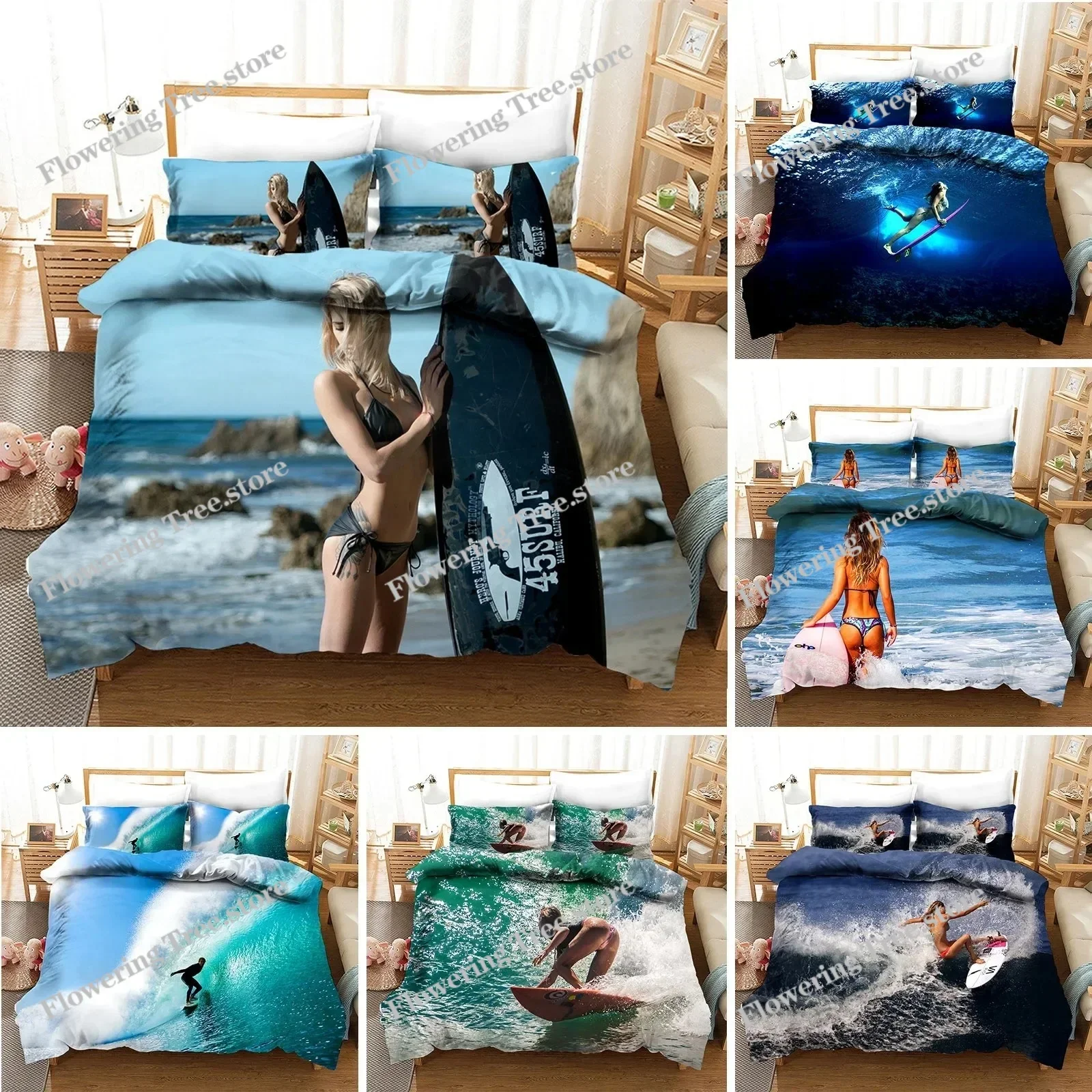 

Beach Surfing Bedding Set Scenery Comforter Fashion Modern 3D Print Luxury Duvet Cover Set Home Textile Queen King Single Size