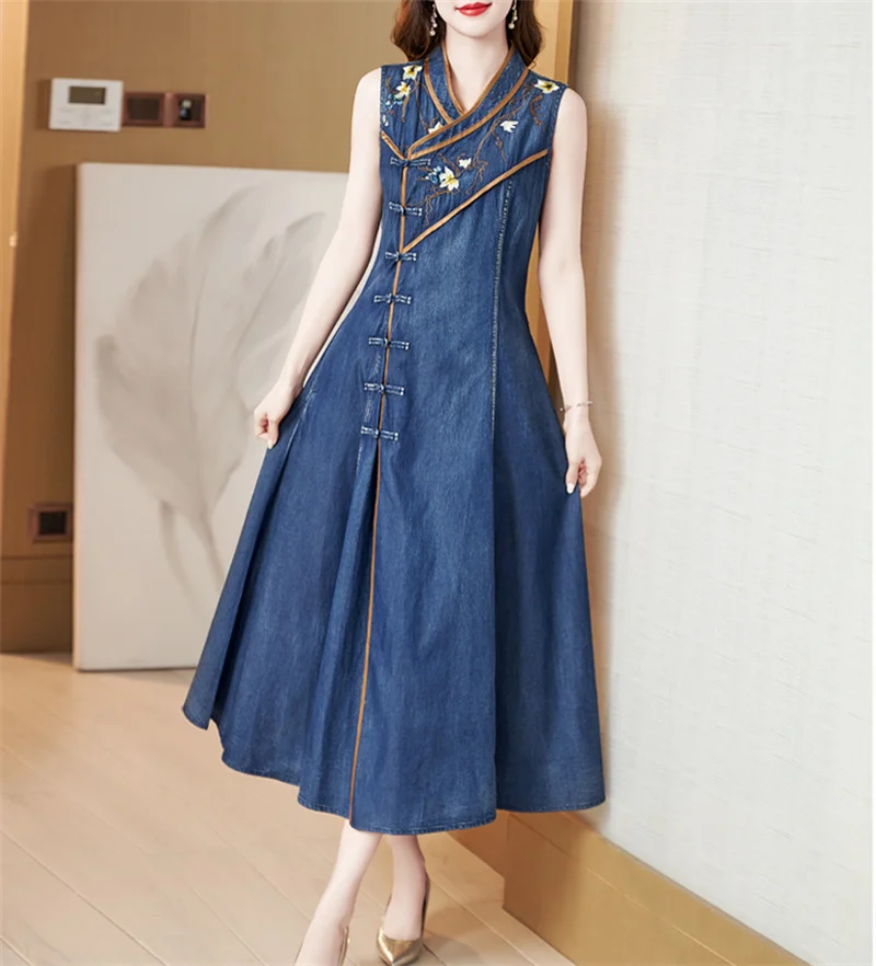 2023 Summer Female New Qipao Improved Edition Standing Neck Denim Dress Women High end Exquisite High end Sleeveless Long Dress