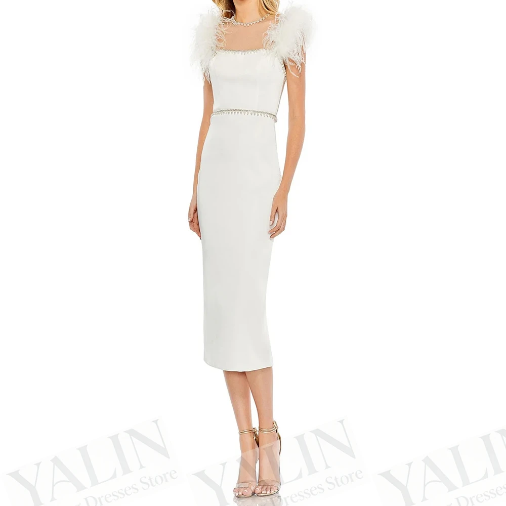 

Women's Straight Evening Dresses Tea-length O-neck Sleeveless Prom Gown Fashion Beading Crystal Feathers Customized Gowns