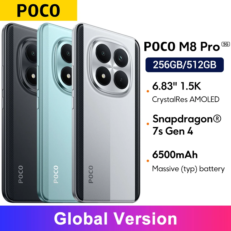 Global version POCO M8 Pro smartphones 6.83" Snapdragon® 7s Gen 4 Symmetrical stereo speakers 6500mAh 100W HyperCharge