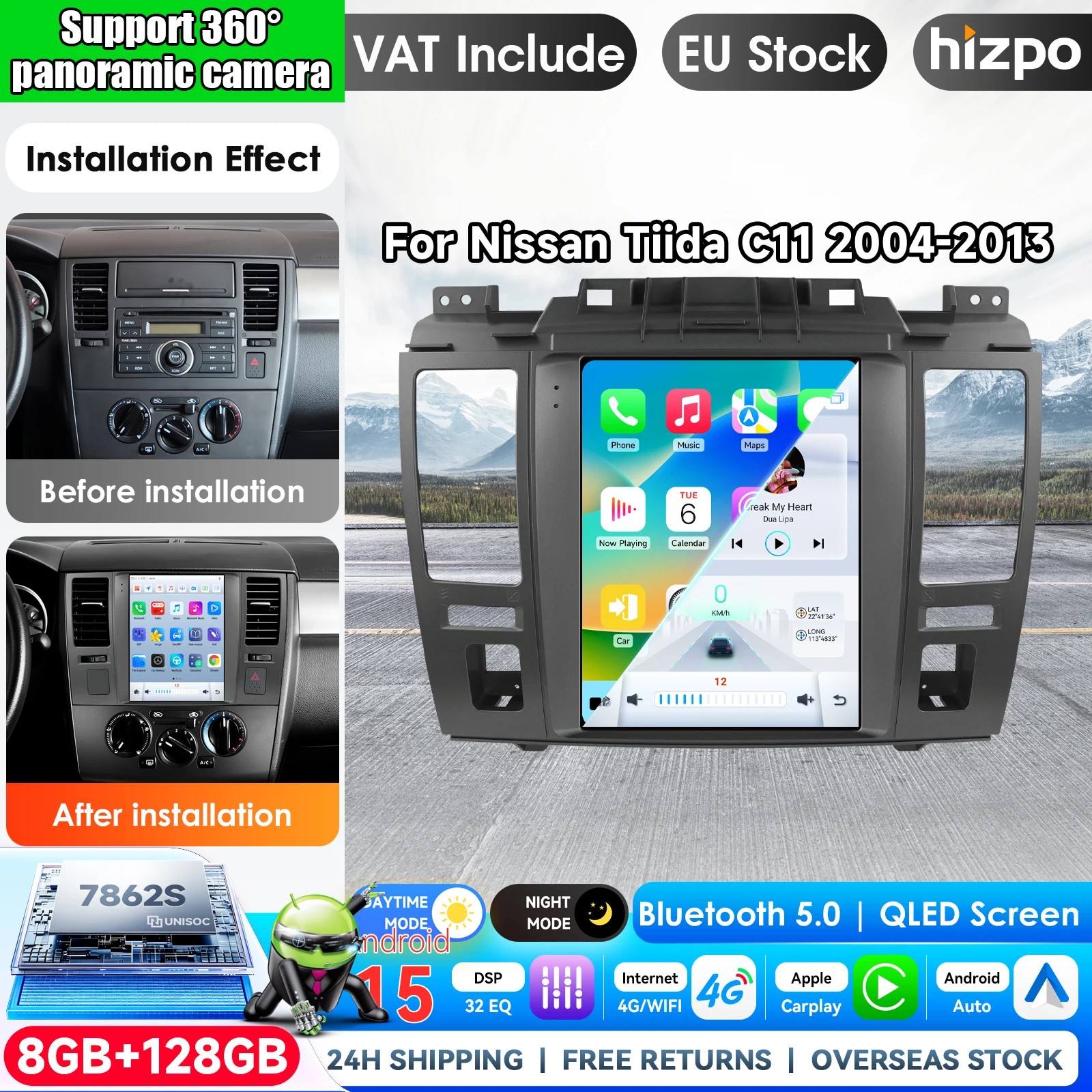 Hizpo 9,7 Zoll Tesla-Style Android 15 Autoradio für Nissan Tiida Versa 2004 - 2015 GPS-Navigation Android Auto Carplay WLAN 4G Display ohne 2DIN Touchscreen Airplay Autoradio-Player Stereo
