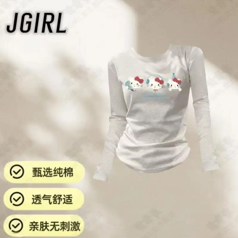 

Sanrio мультфильм с длинными рукавами Hello Kitty, новый стиль, толстовка с принтом, универсальная популярная облегающая футболка для девочек, осенняя супер популярная база