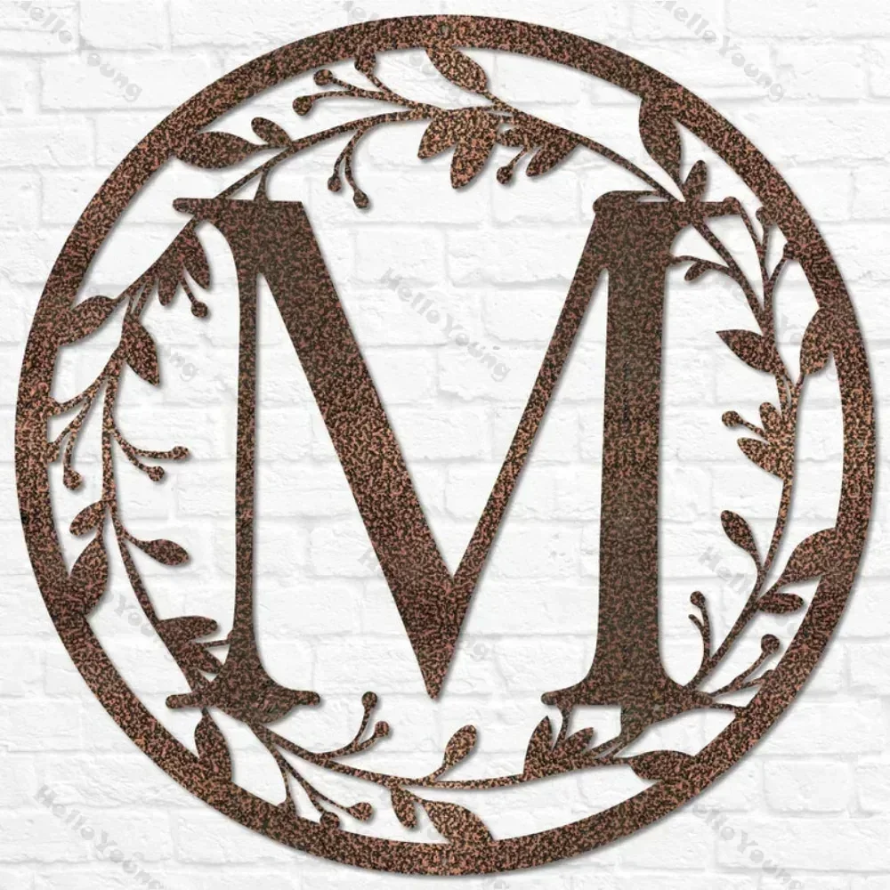 Customized Metal Circle Wall Monogram Sign. Decorated with Letter Vine, A Perfect Wedding Gift and Modern Home Furniture.