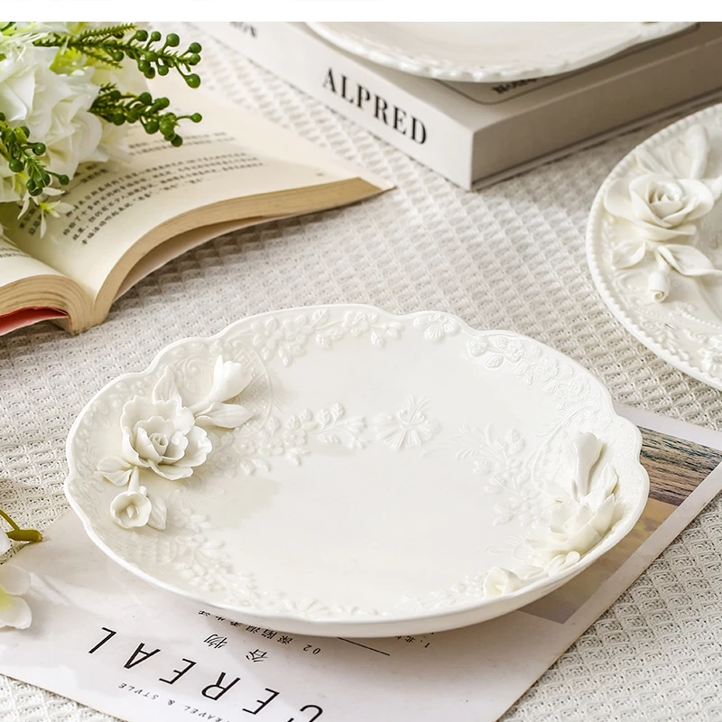 European hand embossed pinch flower Ceramic fruit plate cake dessert home setting restaurant salad dish