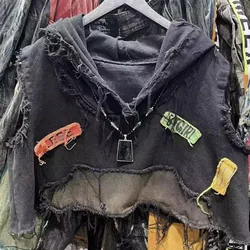American retro old wash jeans vest women's fashion high-end stitching hole design short sleeveless hooded patch coat jacket.
