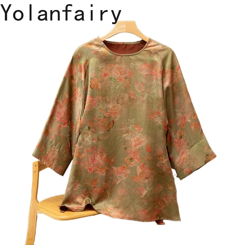 

YOLANFAIRY Red Watered Gauze Shirts Female High Quality 100% Real Mulberry Silk Blouse Women Elegant Mid-length Shirt Tops 2026