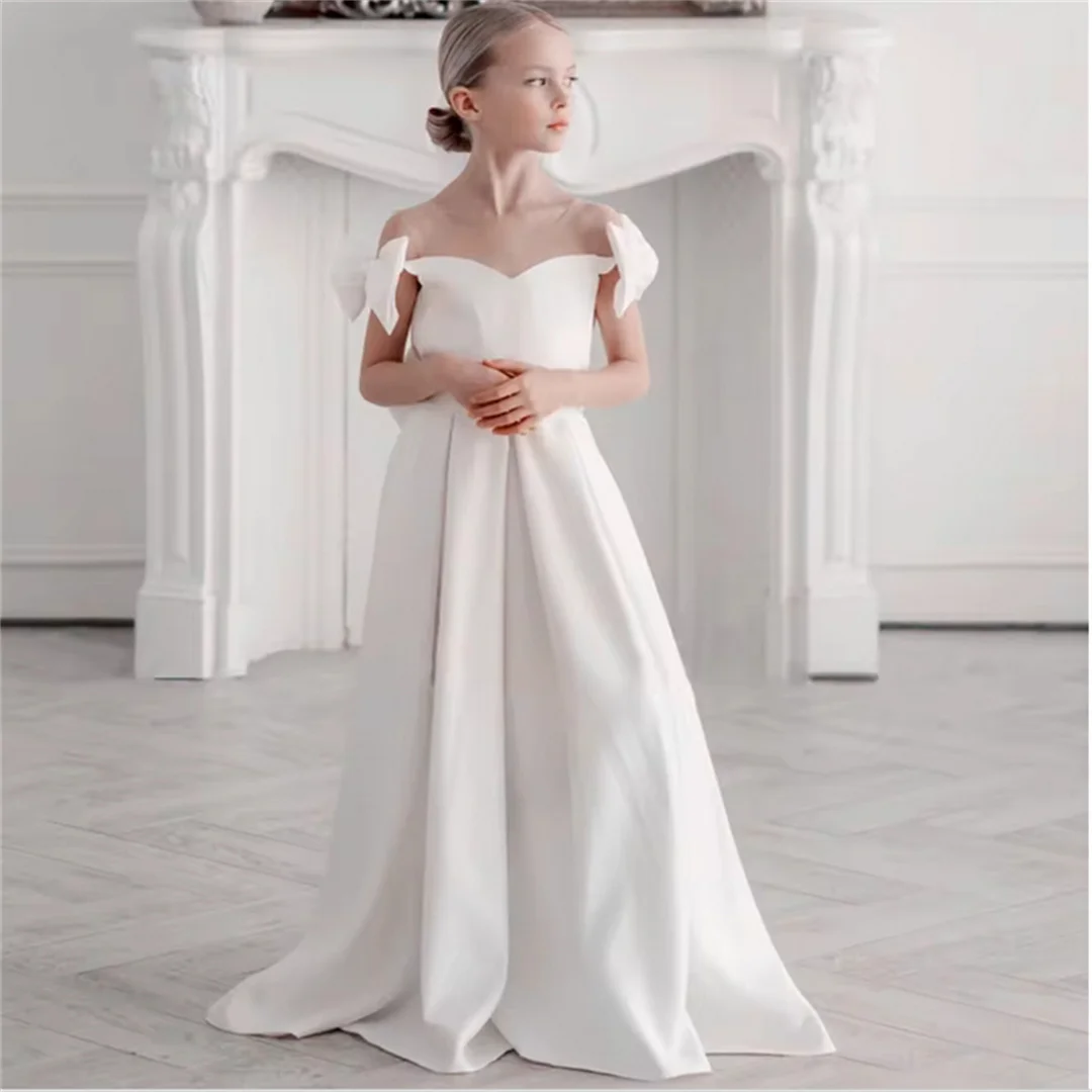 Elegant White Angel Flower Girl Dresses Satin Bow Short Sleeve For Wedding Kids Birthday GIft Banquet First Communion