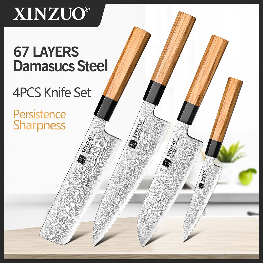 XINZUO 4PCS Kitchen Knives Set High Hardness 67 Layer Damascus Steel Ultra Sharp Chef Nakiri Santoku Utility Knife Gift Box