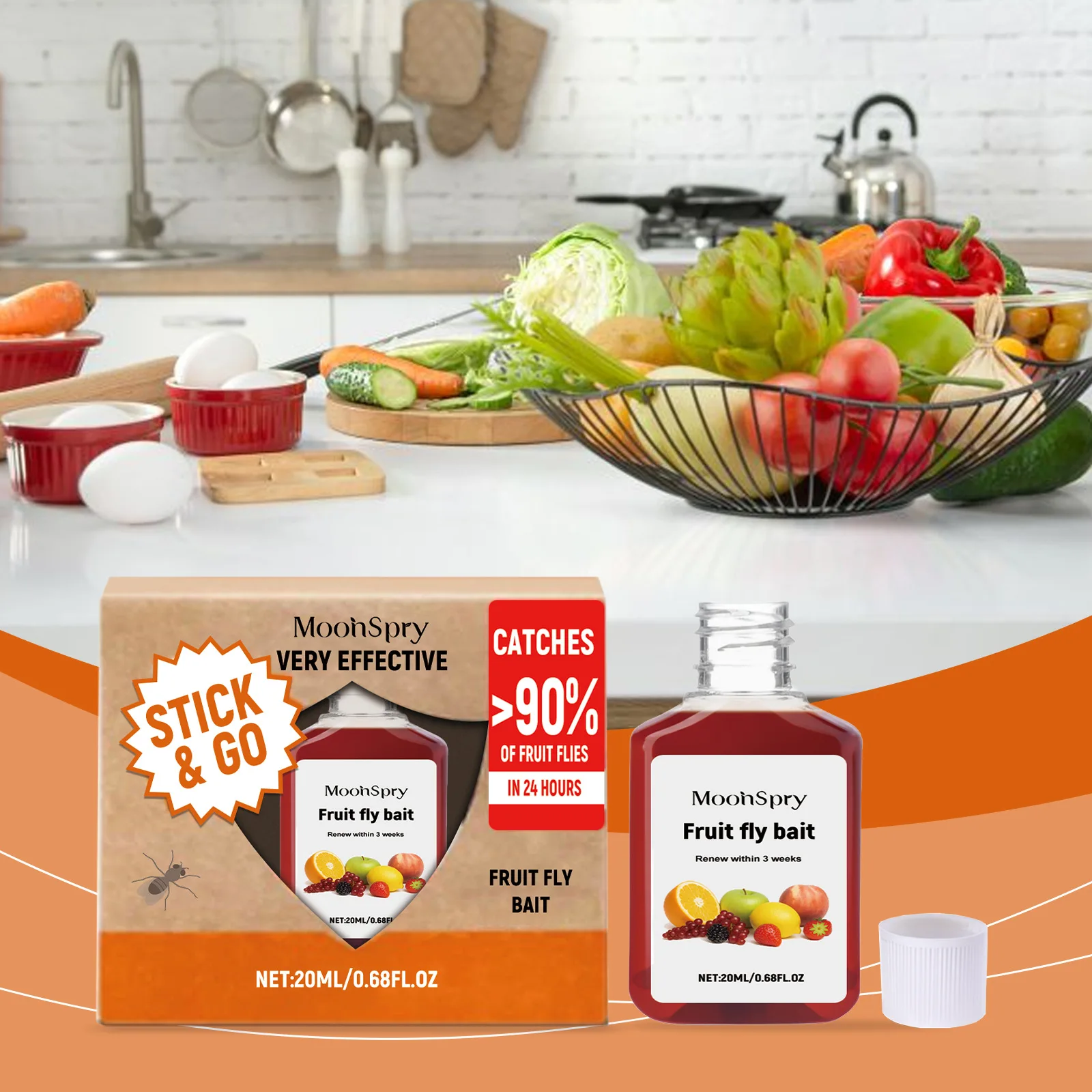 

MOONSPRY Fruit Fly Bait,Kitchen Pest Control Trap,Effective Fruit Fly Attractant | Safe Non-Toxic Formula | 3-Week Long-Lasting