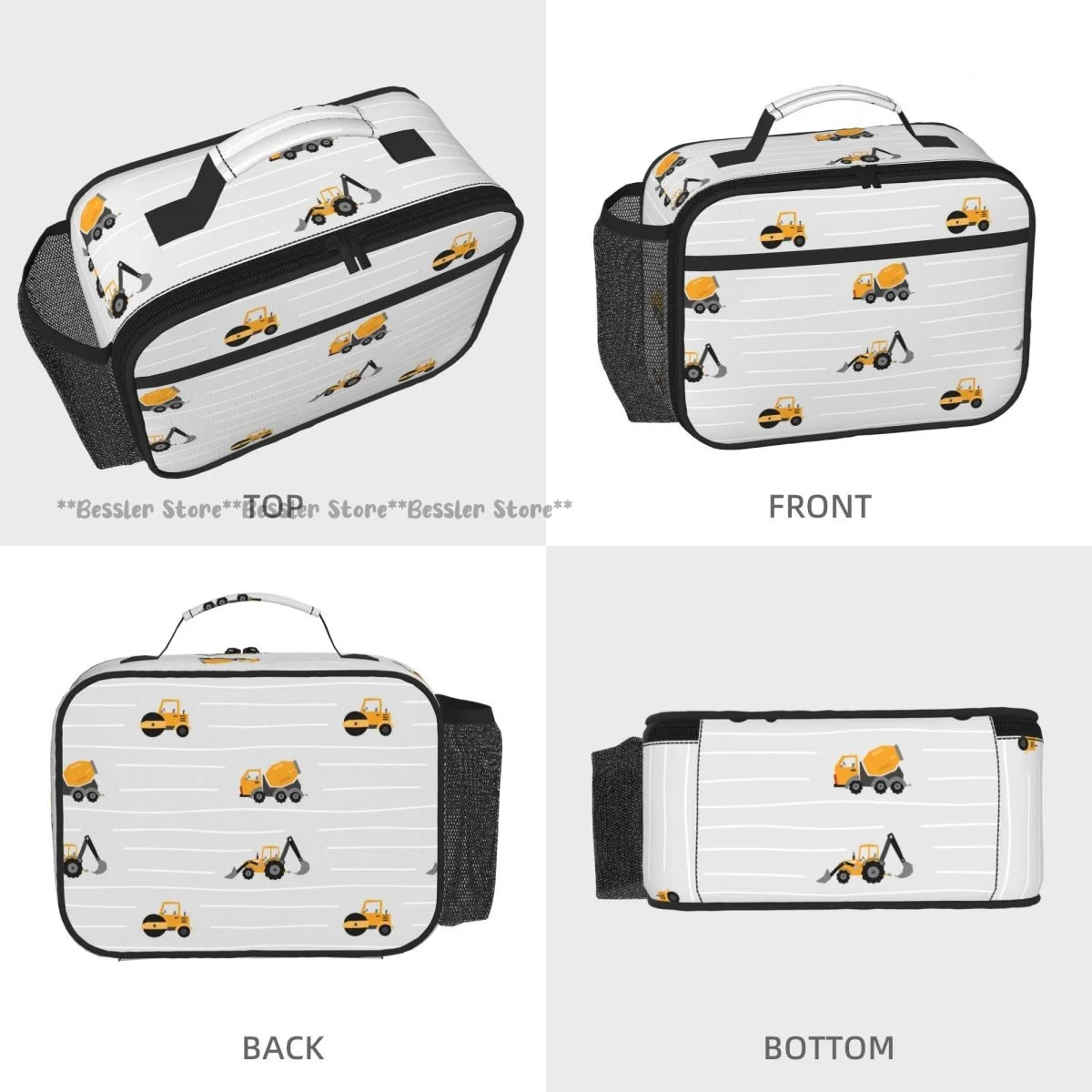 Portable Horizontal Insulated Lunch Tote Bag Yellow Heavy Construction Machines Thermal Food Storage Handbag