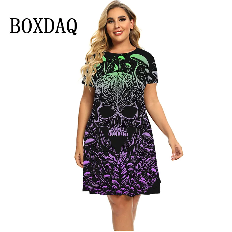 2024 New Spring Plant Mushroom 3D Skull Dresses donna Summer manica corta Mini abito allentato Casual Gradient Print Plus Size Dress