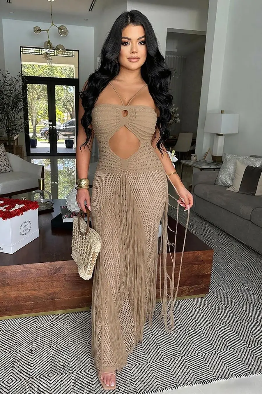 Elegant Hollow out Boho Summer Beach Dress Sexy Women Halter Neck High Waist Vest Top Zipper Closure Citywalk Dress