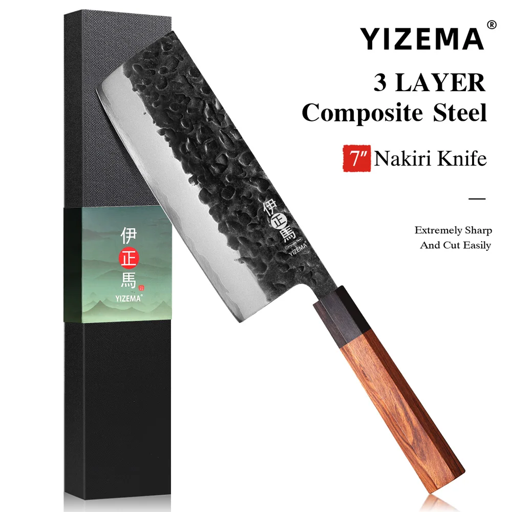 

YIZEMA 7-inch Japanese Nakiri Knife Three-layer Composite Steel Kitchen Handmade Cooking Cleaver Slicing Professional Chef Knife