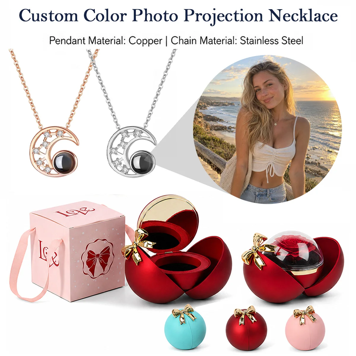 Custom Photo Projection Moon Necklace Spherical Bow Rose Gift Box Stainless Steel Chain Valentine's Mother's Day For Women