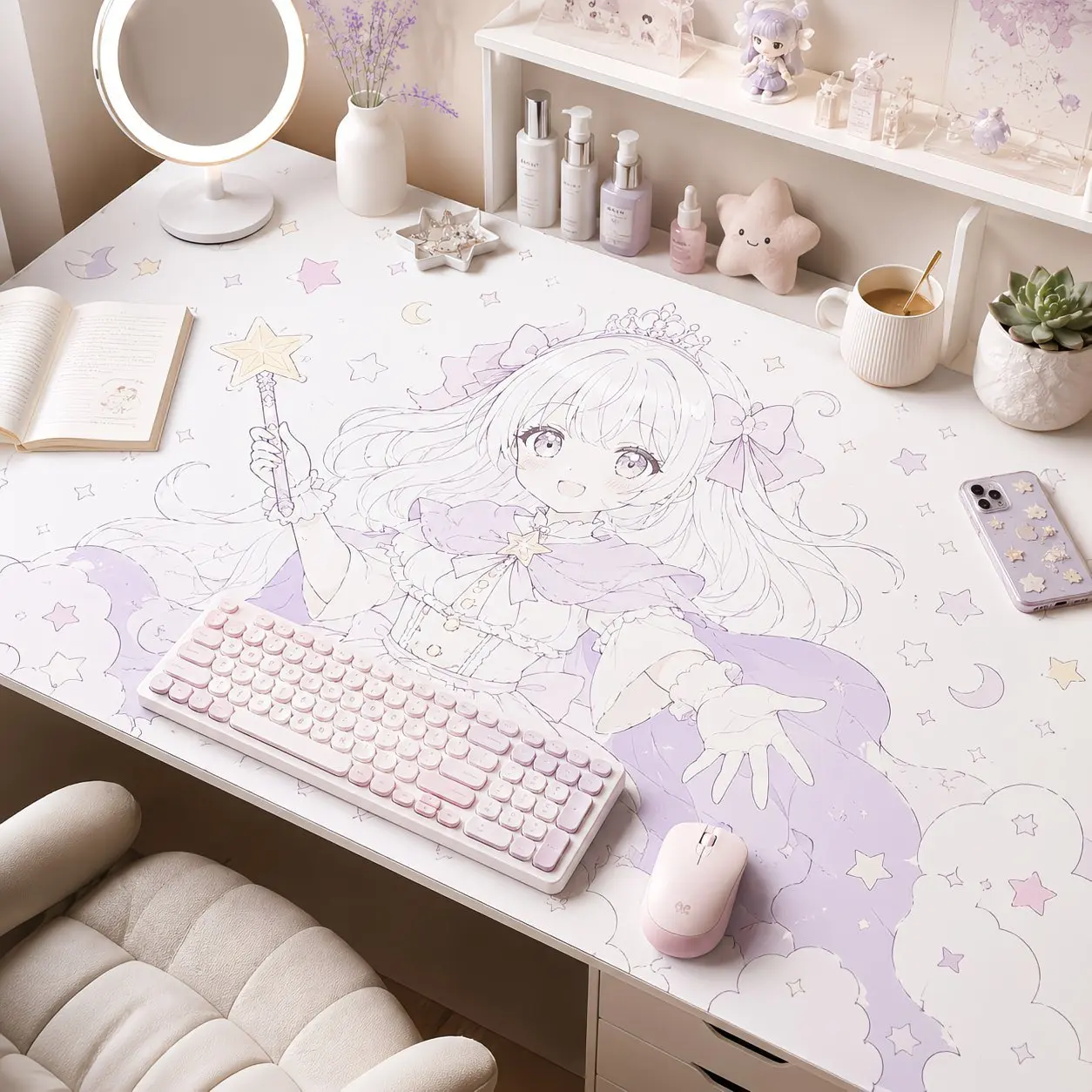 Ins Pink Floral Anime Girl Rabbit Y2K Pu Leather PU Mouse Pad Waterproof Desk Mat Protective Game Keyboard Dorm Table Mat Decor