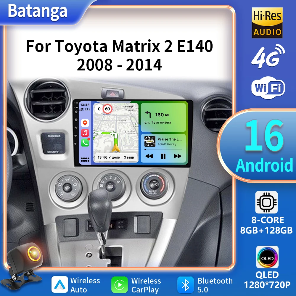 Android 16 Carplay Auto Radio de coche para Toyota Matrix 2 E140 2008 2009 2010 2011 2012 2013 2014 reproductor Multimedia navegación GPS