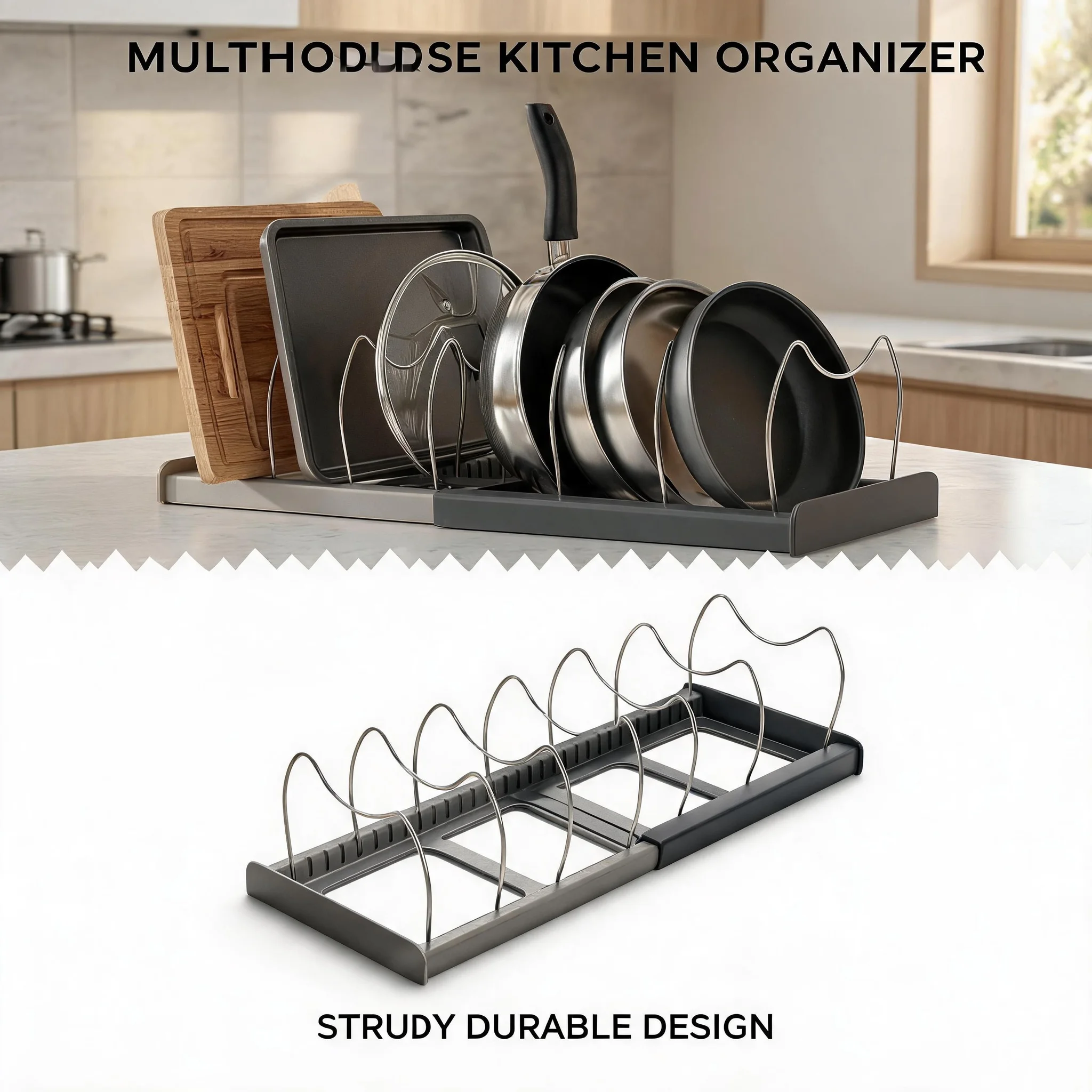 Kitchen Cabinet Durable Expanding Stainless Steel Storage Rack For Pan Pot Lid Cutting Board Drying Cookware Dish Rack Organizer
