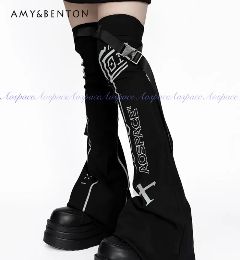 Japanese Harajuku Style Gothic Print Button Dark Subculture Leg Warmers Street Punk Slim Over-the-Knee Socks Versatile Y2K Socks