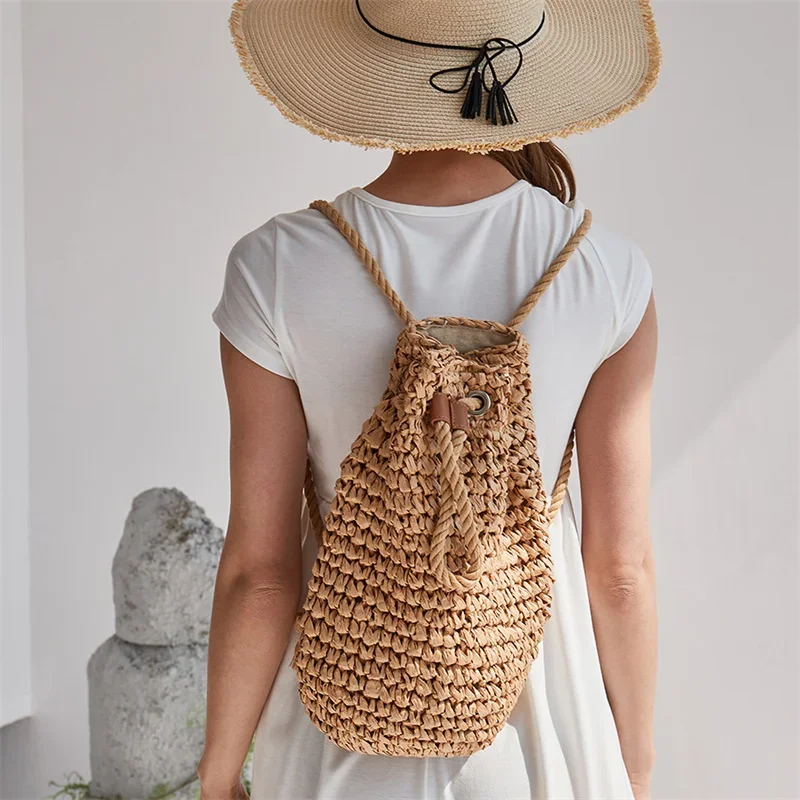 Women Summer Casual Straw Backpacks Handmade Drawstring Beach Shoulder Bags Ladies Raffia Rattan Woven Travel Handbags 2024