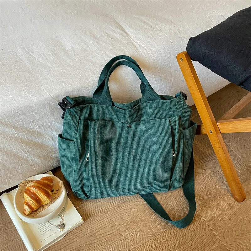 Women Canvas Shoulder Tote Bag Casual Large Capacity Handbag Removable Crossbody Strap Solid Color Multi‑pocket Daily Purse