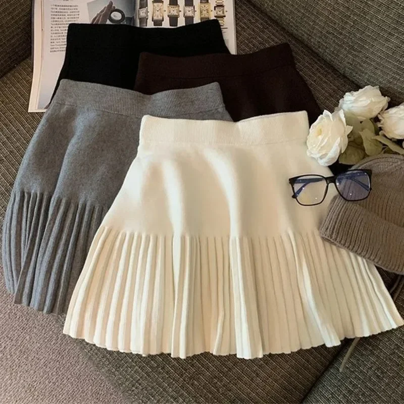 

Korean Sweet Elegant Mini Skirts Women Y2K High Waist Elastic Pleated Skirt Autumn Winter Casual Vintage Fashion Knitted Skirt