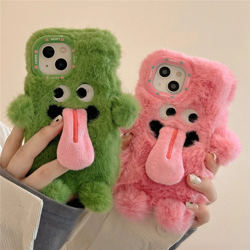 Cute Plush Magnetic Tongue-Sticking Little Monster Phone Case For iPhone 15 14 11 12 13 Pro Max Creative Anti-Drop Phone cover