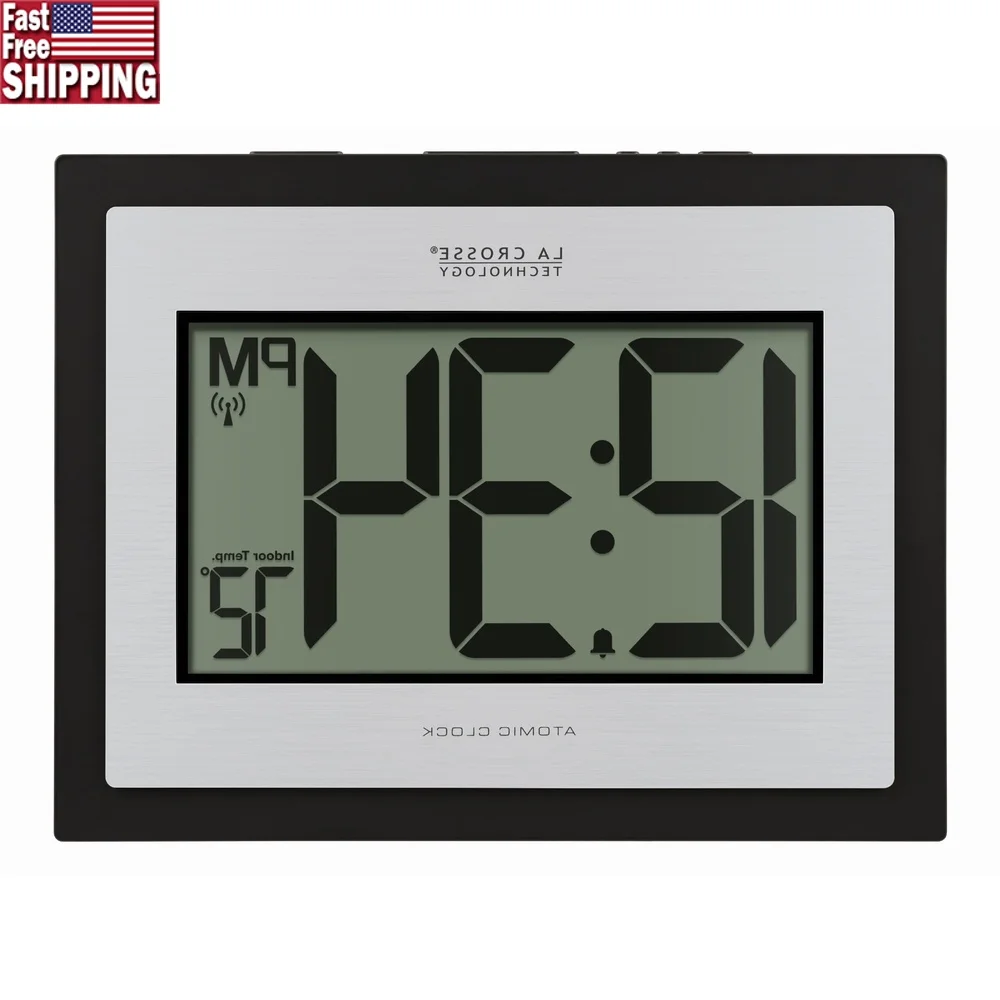 

Silver Atomic Clock Digital Table Wall Display Indoor Temperature 12hr Time Alarm DST Auto Adjustable 7 Time Zones Battery
