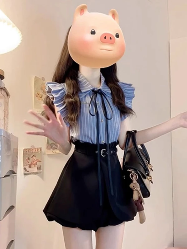 

Summer Korean Style College Fashion Stripe Shirt And Shorts Two-Piece Set for Young Women Short Sleeve Fly Sleeve Outfit