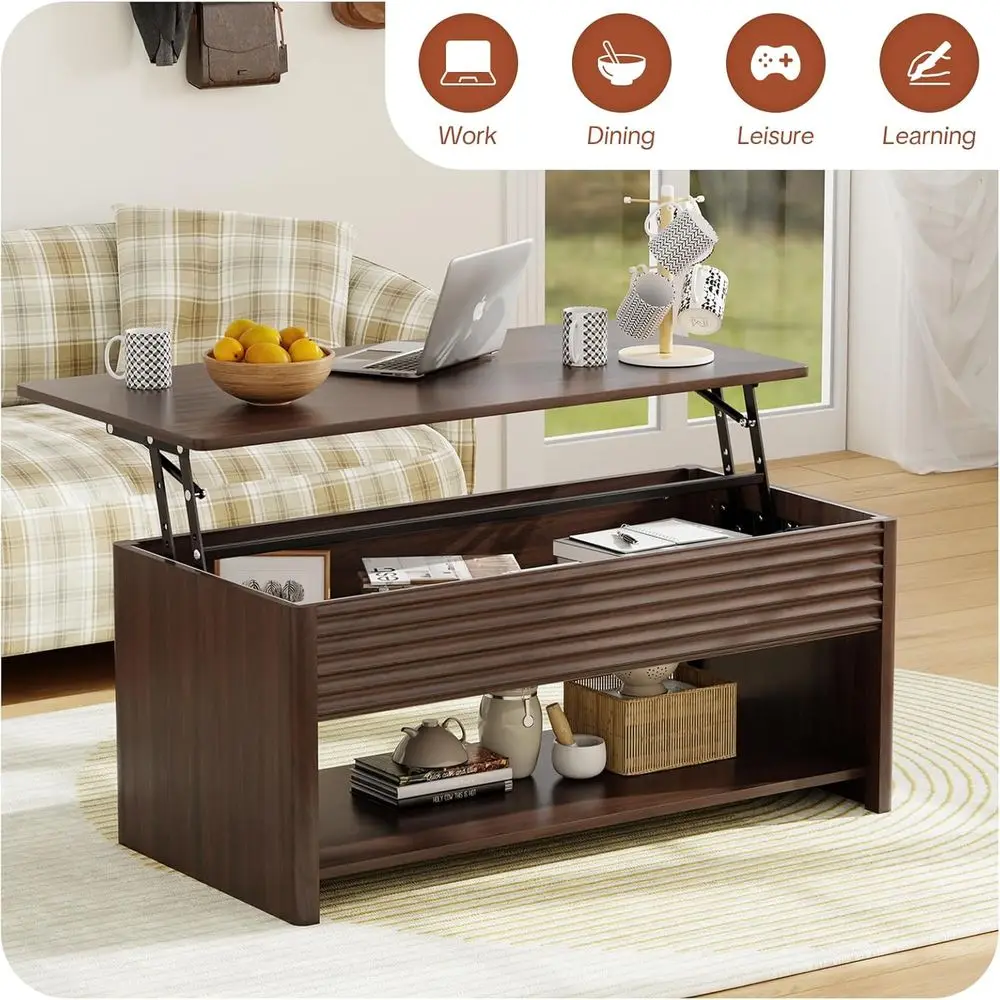 Modern Rectangular Lift-Top Coffee Table with Fluted Design, Storage, and Rounded Edges in Brown