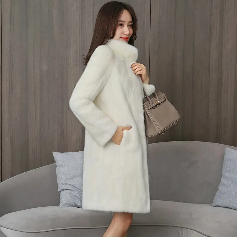 Haining New Mink Faux Fur Coat Long Style Stand Up Collar Thickened Medium Long Style Mink Coat For Middle-aged Elderly Mothers