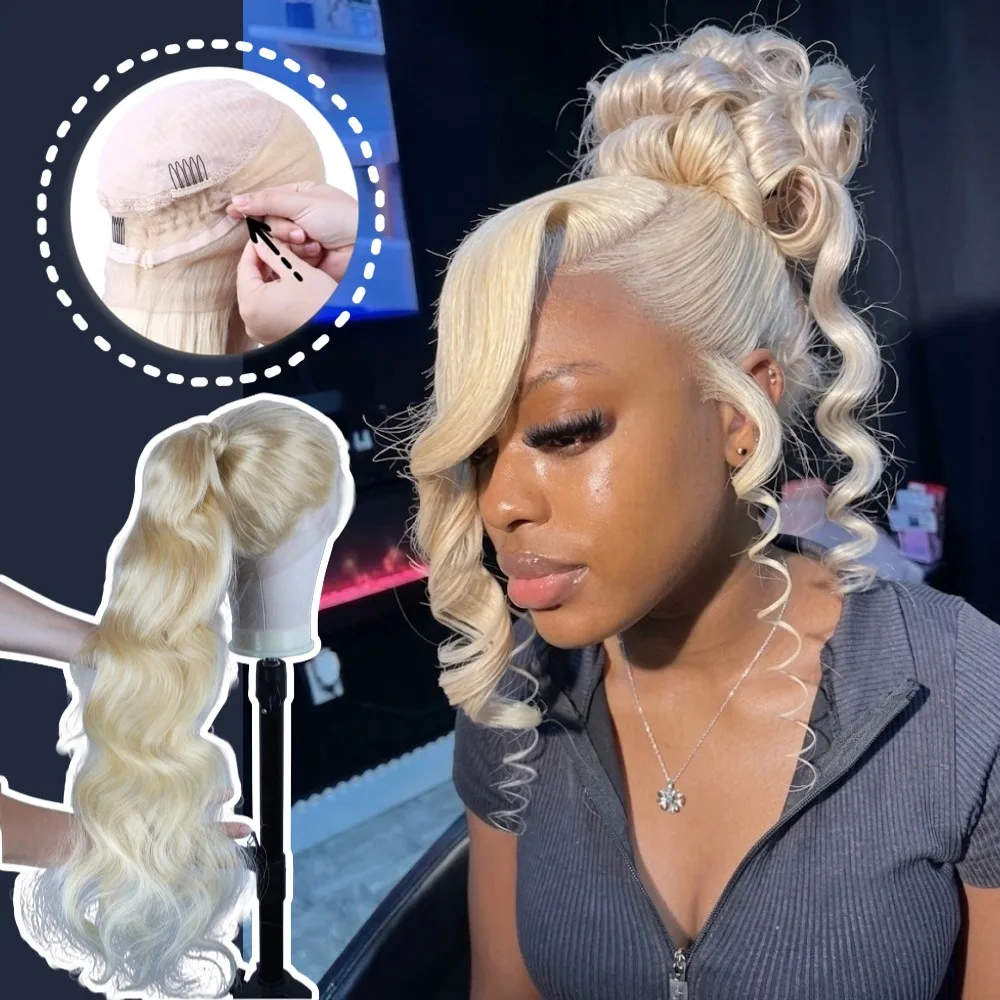 613 Blonde Body Wave Human Hair Lace Front Wig 360 Invisible Drawstring Adjustable Invisi Strap Ponytail 13x4 13x6 Transparent Lace Frontal Wig Pre Bleached Knots 5x5 Glueless Closure Wig Raw Vietnamese Human Hair Wavy  Wigs For Ladies Party Occasions