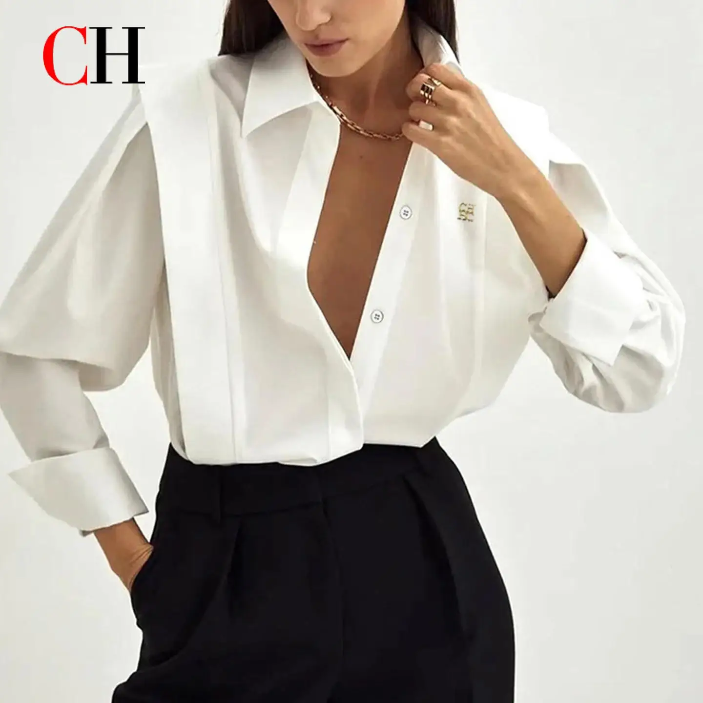 CH Womens CH Logo Embroidered Shirt Long Sleeve Structured Shoulder Office Blouse Fashion Button Down Top