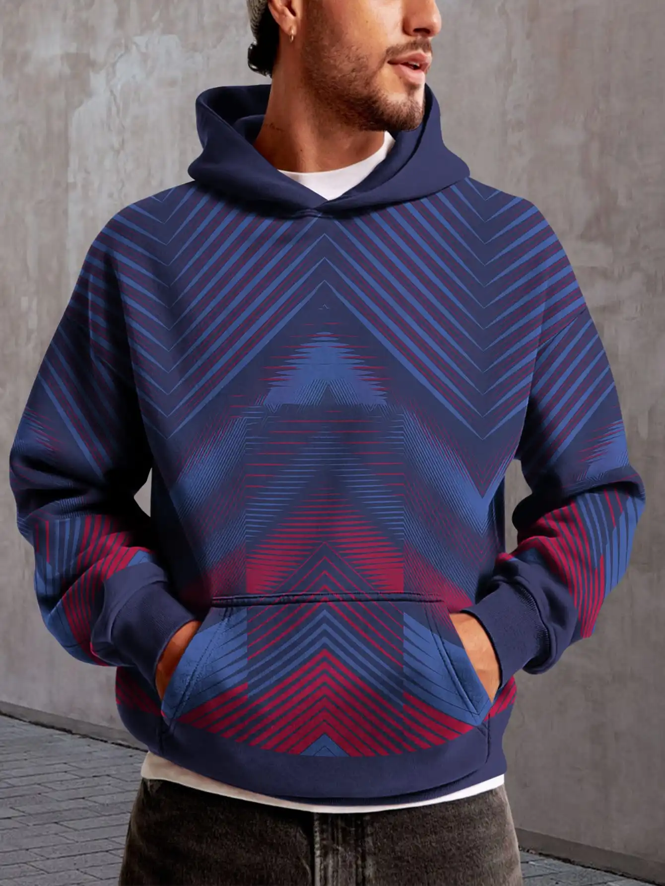 

Black and red striped patchwork style 3D print tie-dye hooded green lightning pattern hooded sweatshirt casual street style