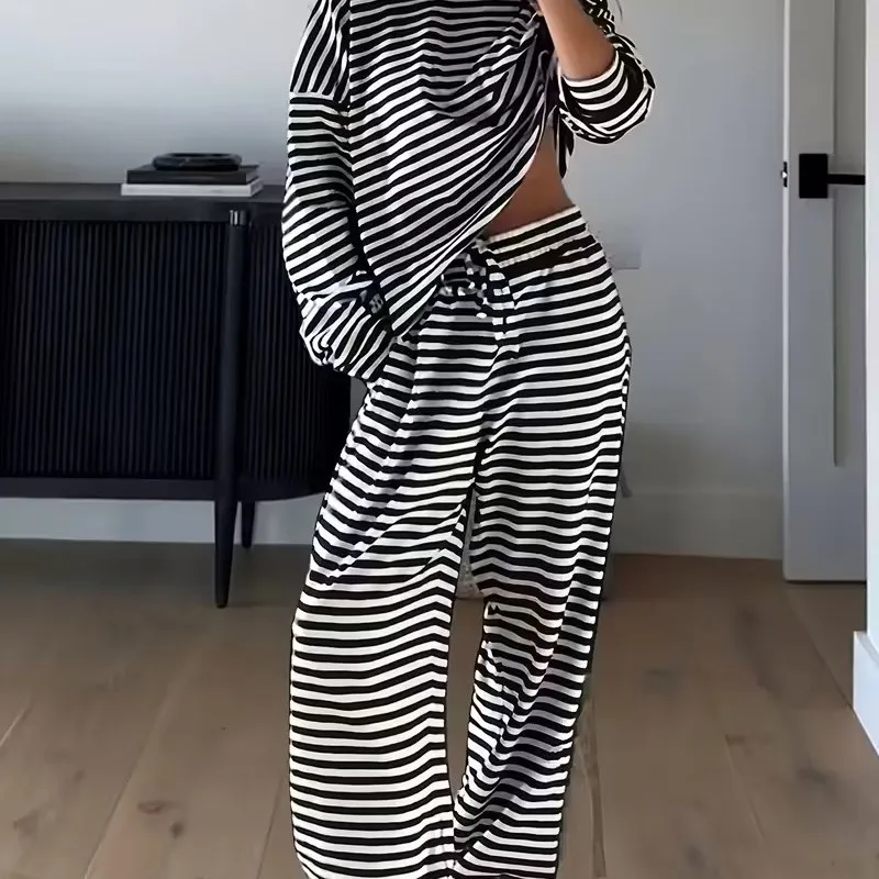 New Spring Autumn Casual Stripe Loose Pants Sets Women Design Sense Pullover Long Sleeve T-shirt Trousers Two Piece Set Female