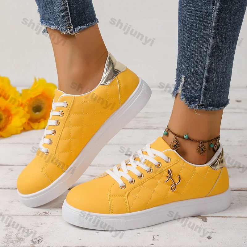 Women's Casual Sports Shoes Fashion PU Leather Platform Sneakers Woman Light Flat Non Slip Lace Up Vulcanized Shoes Plus Size 43