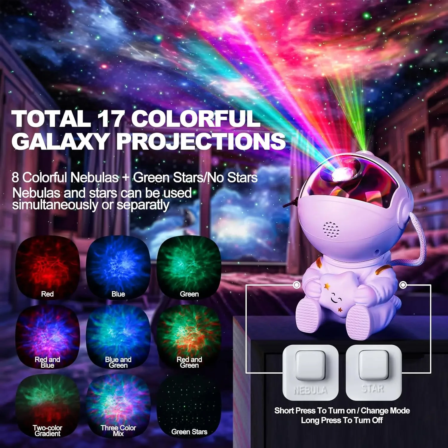 Astronaut  Star Projector Starry Night Light - Starry Nebula Ceiling Projection Lamp with 8 Modes, Remote  ° Adjustable