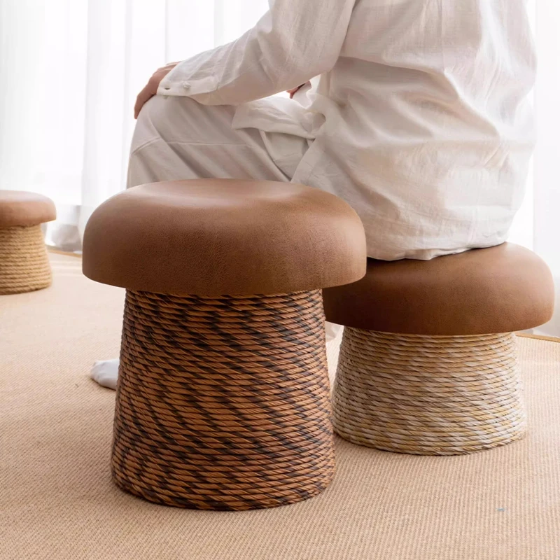 Mushroom Stool for Entryway Solid Wood Shoe Ottoman Round Rope Weaving Stool Bench for Living Room Low Shoe Changing Stools