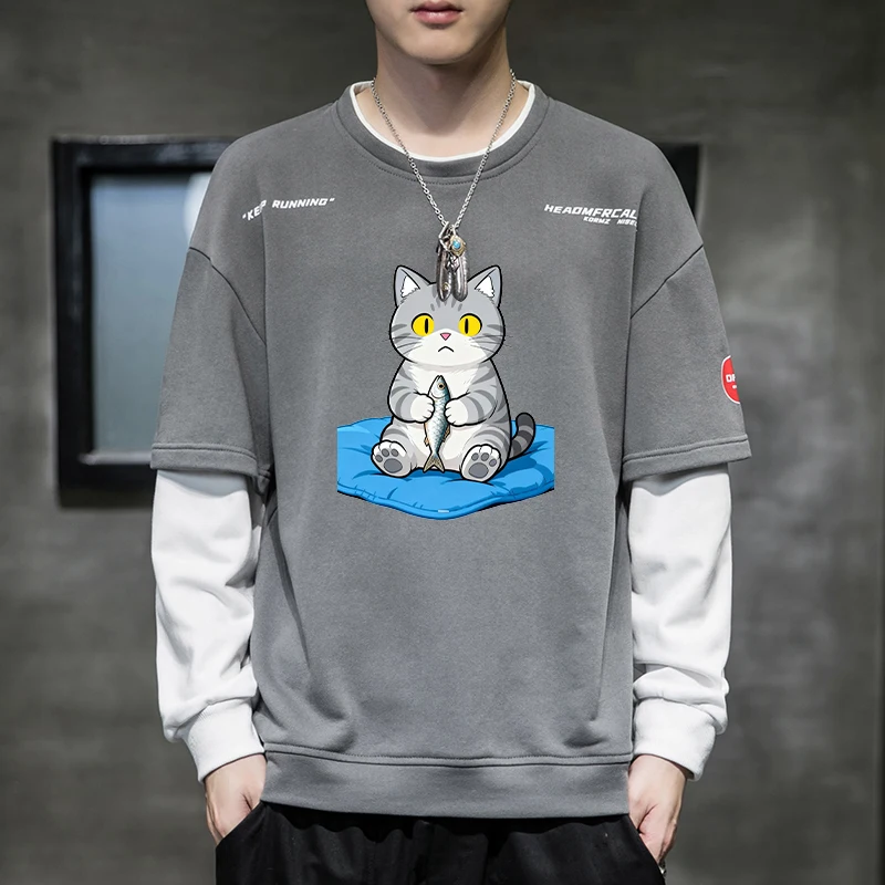Men's round Ne Fce Lined Thi Long Sve Sweatirt Loose Fit Winter Faionable Hong Kong Sle Casual Comfortable Top
