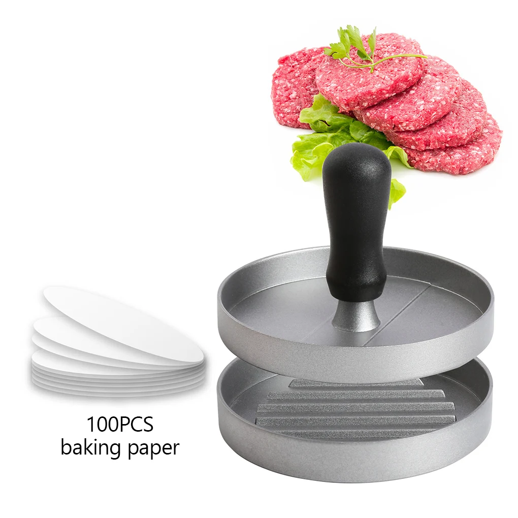 Hamburger Press Kitchen Metal Patty Maker Non-stick Cooking Burger Mold with 100pcs Waxed Papers