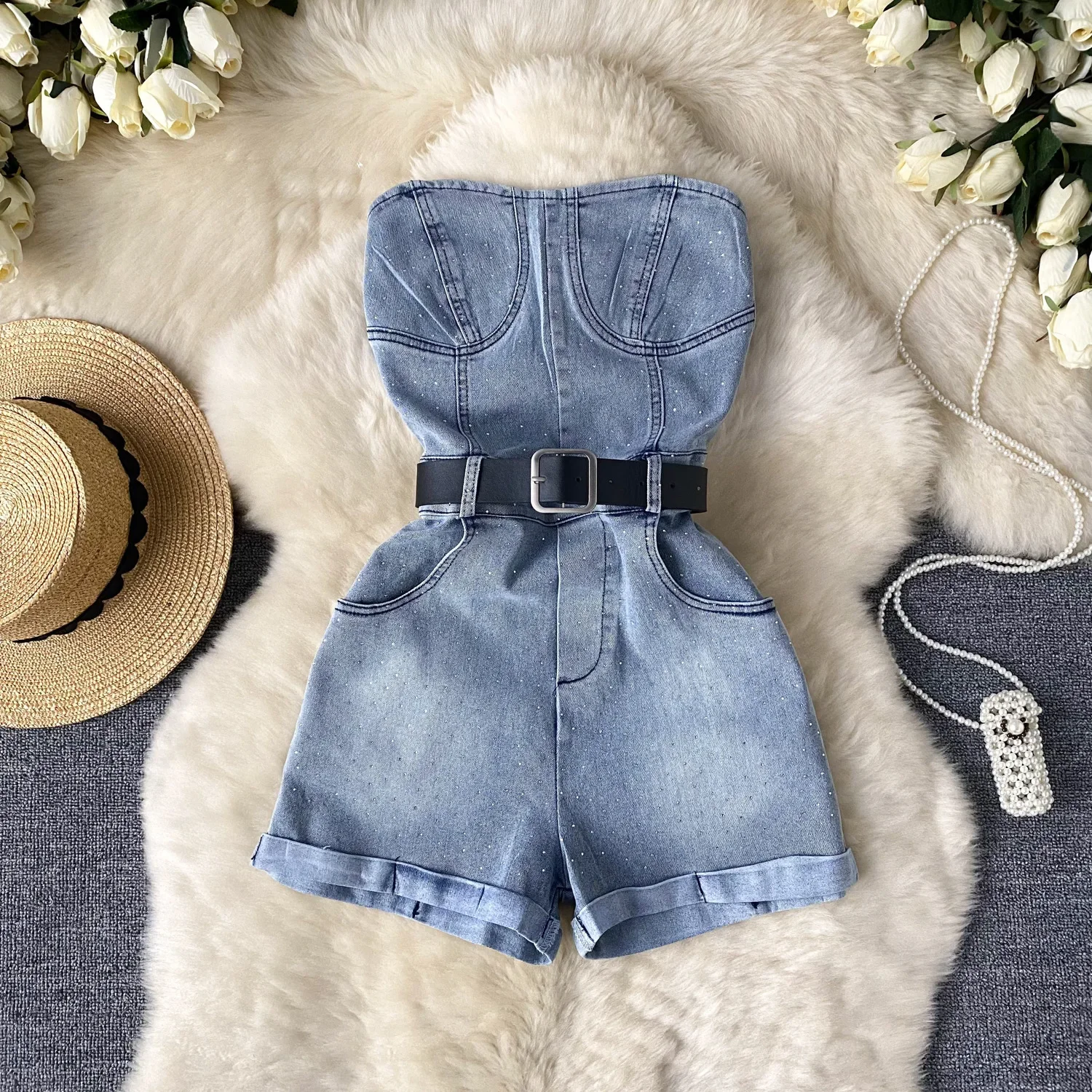 

Fashionable Diamond-encrusted High-waisted Slimming Denim Strapless Jumpsuit,New Sexy Sleeveless Short Jumpsuit for Women Summer
