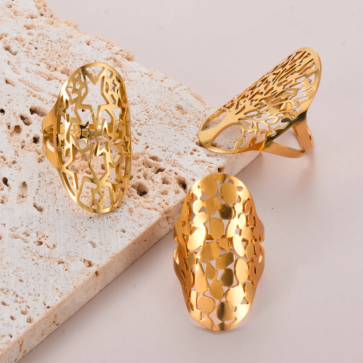 Hollow Out Tree of Life Star Finger Rings for Women Men Stainless Steel Gold Color Geometric Punk Wide Fashion Jewelry Gifts